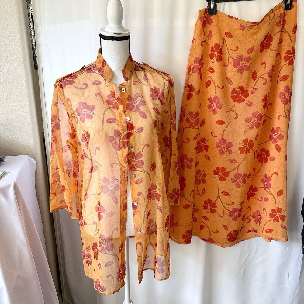 Crazy Horse Collection Women 2 Piece Blouse & Maxi Set Orange Red Floral Sz 14